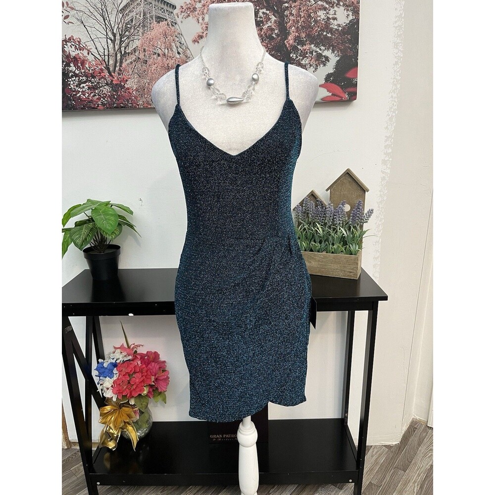 Lulus Forever Your Girl Metallic Teal Bodycon Dress Size M V-Neck Shimmer Mini